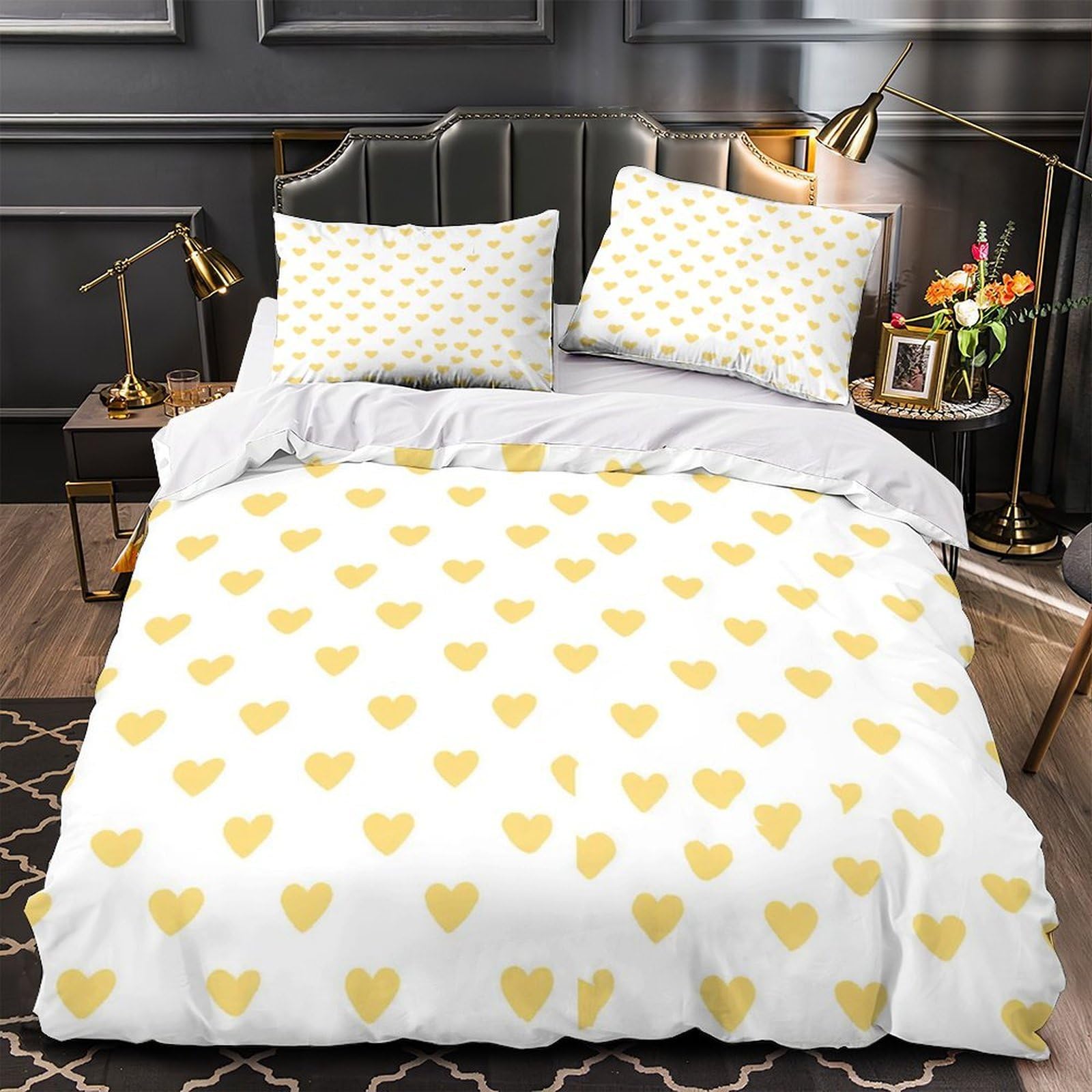 Housse de couette super douce design minimaliste jaune 135x200 cm motif cœur 3D