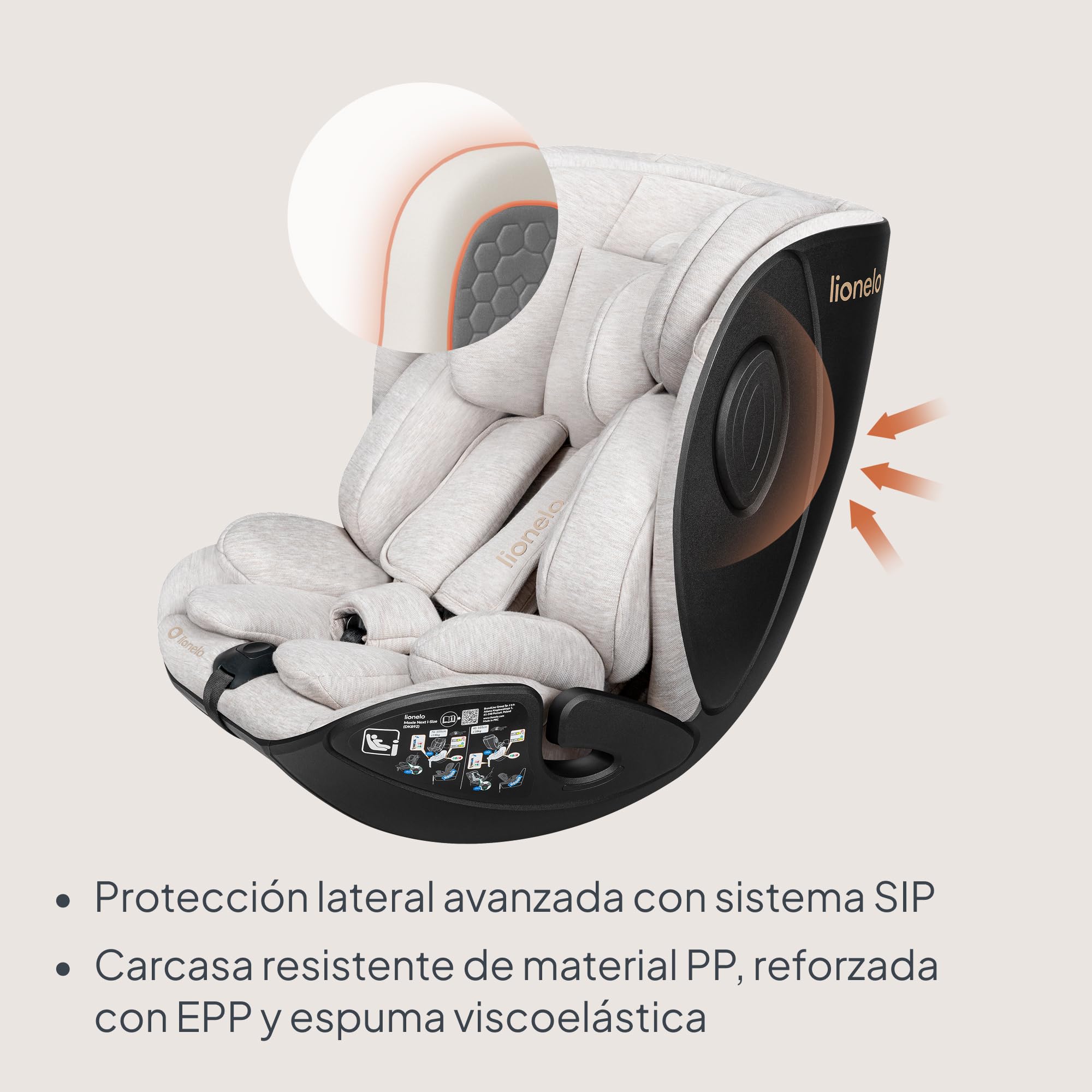 Lionelo Moxie Next i-Size Silla de Coche Para Niños Aprox. 0-4 Años (40-105 Cm), 0-18 Kg, Instalación Sobre Base Giratoria 360°, Protección Lateral SIP, Ajuste Del Reposacabezas Y De La Inclinación