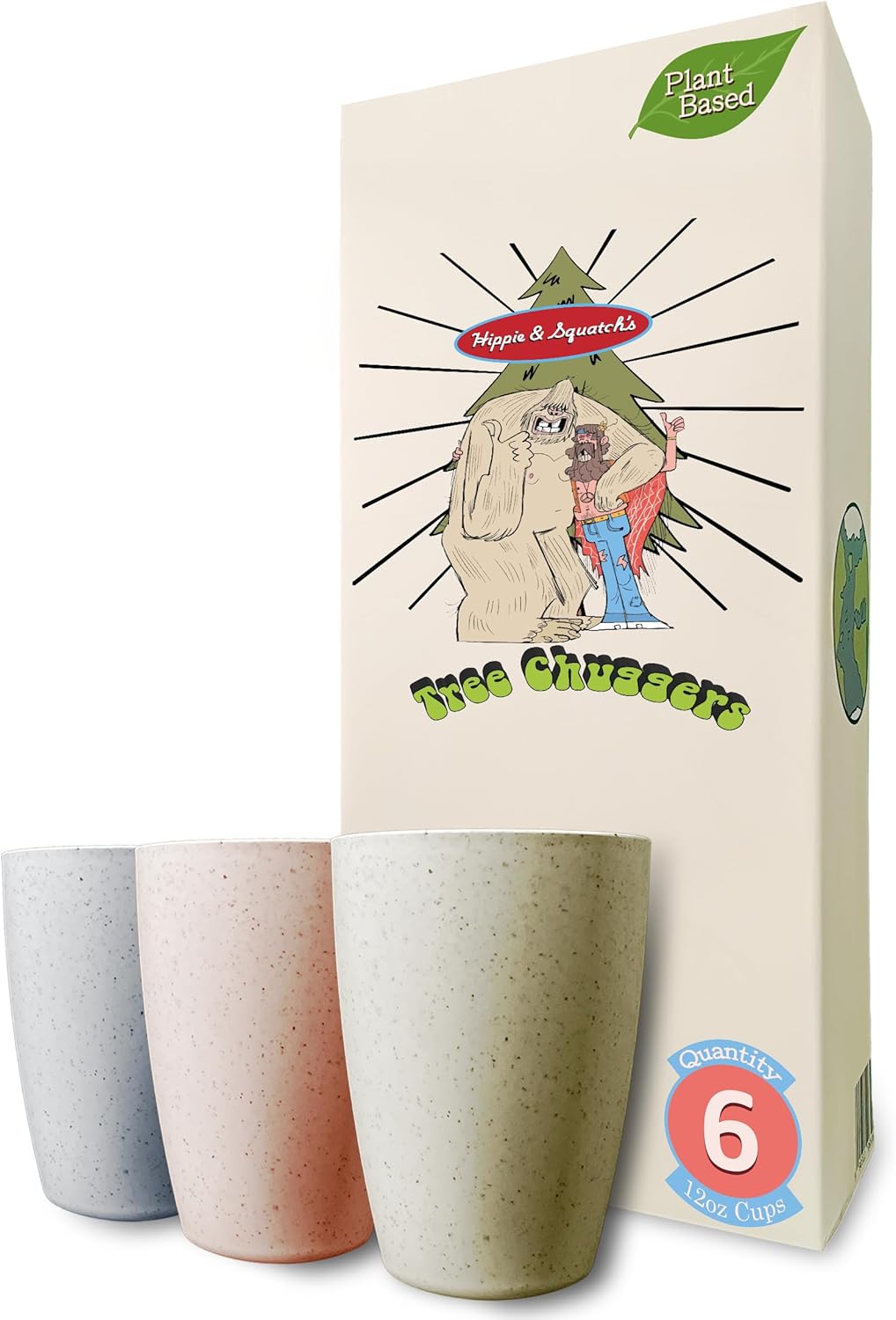 Hippie & Squatch’s Tree Chuggers Plant Based Reusable Cups 12 oz – 6 Count – Wheat Straw Plastic Alternative Cups – Dishwasher Safe Tumblers – Unbreakable Drinking Glasses