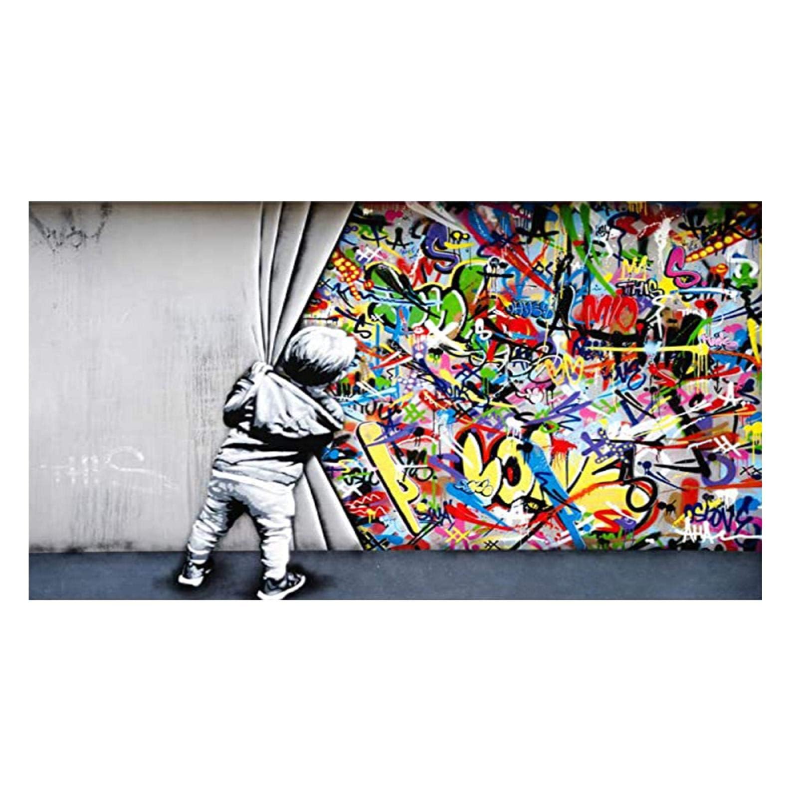 LMYSXAOZ Classic Street Art Behind The Curtain Banksy Canvas Painting Extra Large Size Graffiti Wall Picture Home Decor(60x120cm/Frameless)