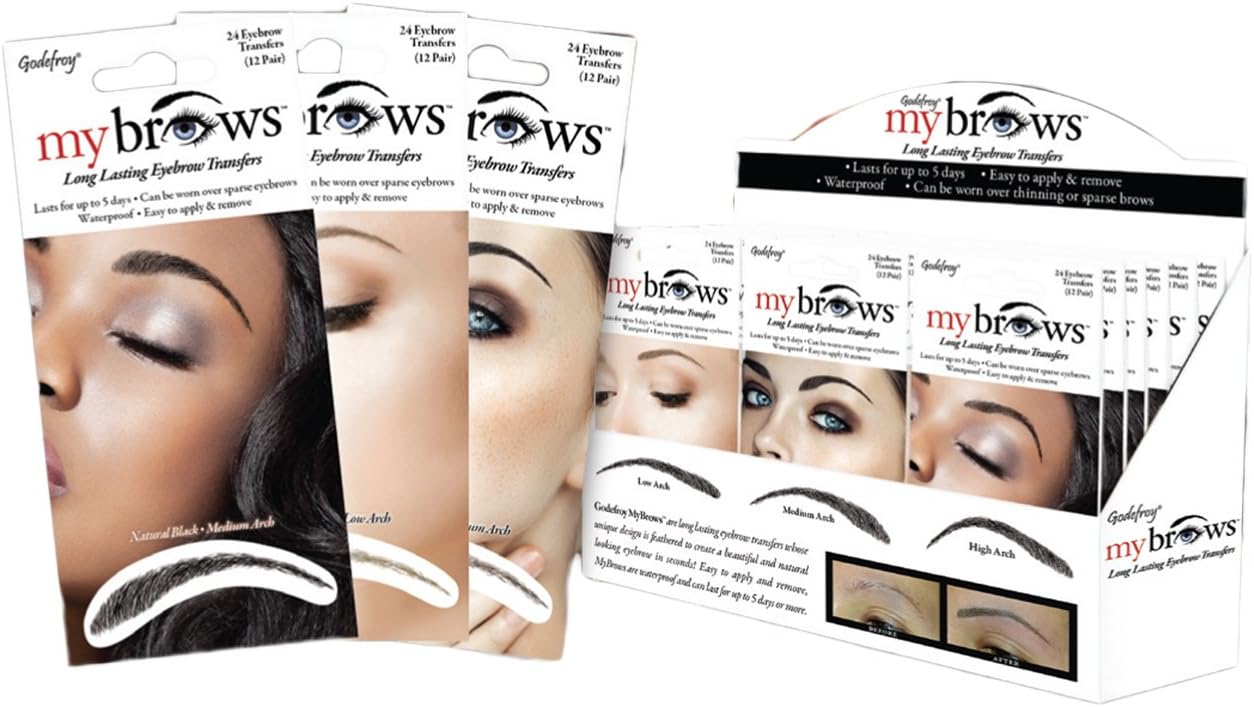 MyBrows Long Lasting Eyebrow Transfers, Low Arch, Medium Brown, 12-Pairs of Brows