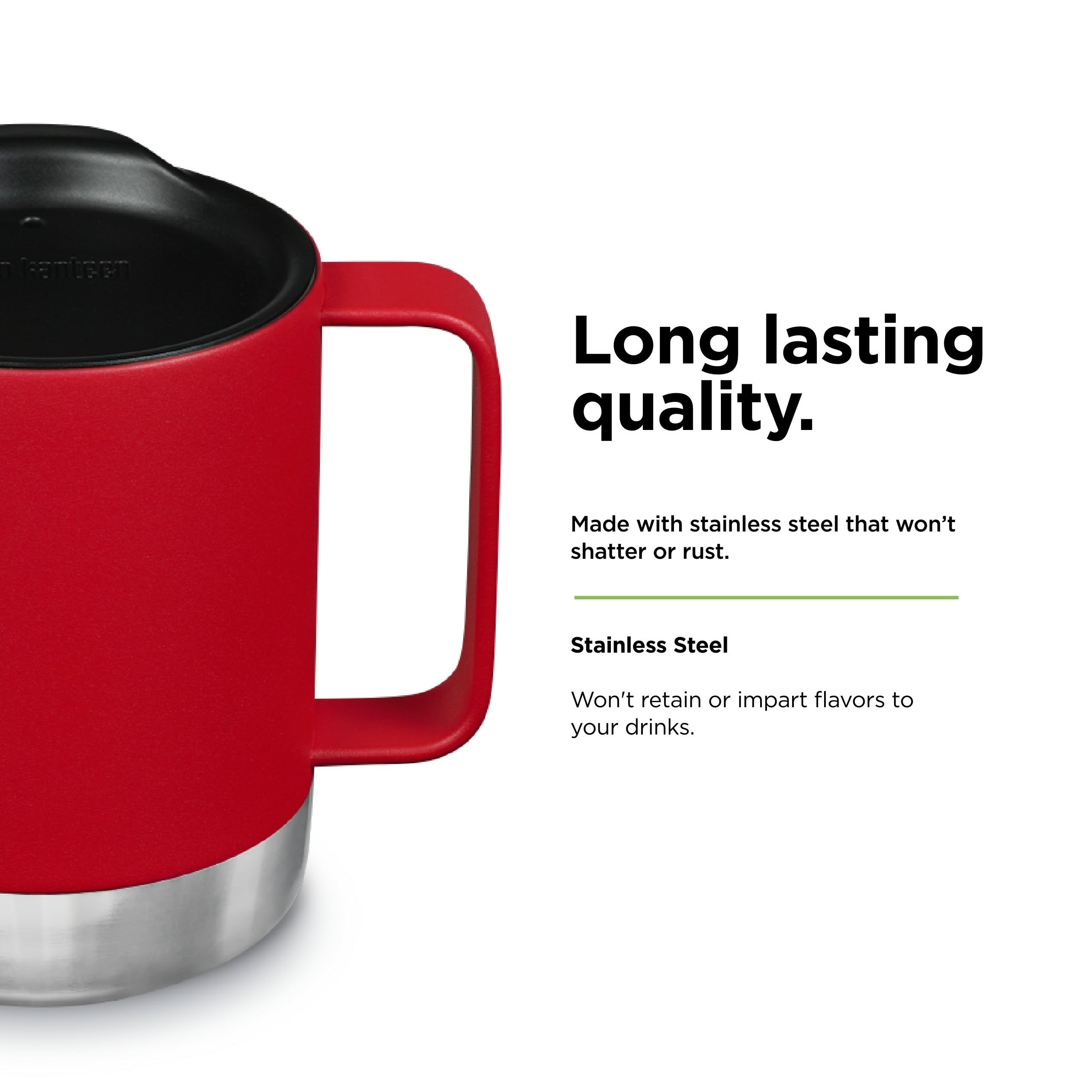 A rugged Stanley Stay-Hot Camp Mug in Rust Red, featuring a sturdy handle and press-fit lid.