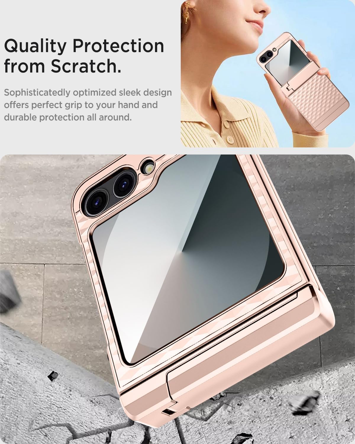 Miimall for Flip 7 FE/Flip 6 Kickstand Case Hinge Protector, [Bulit-in Screen Protector][Wireless Charging] Non-Slip Shockproof Bumper for Samsung Galaxy Z Flip 6/7Fe Hard Screen Phone Case, Gold