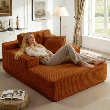 68" Chaise Lounge Chair Indoor,Oversized Boneless Sofa Bed with Pillows,Deep Seat Sleeper Couch Reading Chairs,Modern Corduroy Cloud Couches for Small Spaces Living Room No Assembly Required Orange