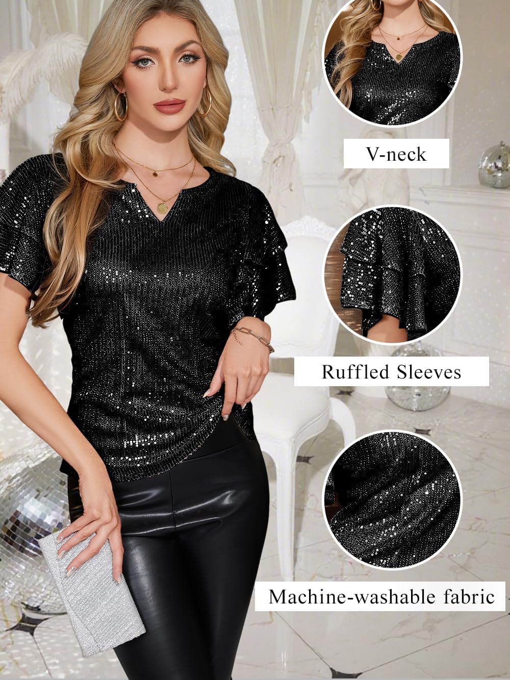 Women Sparkle Sequin Tops Glitter V Neck Blouse Tiered Ruffles Sleeve Cocktail Soiree Evening Party Disco Club Shirt - Image 4