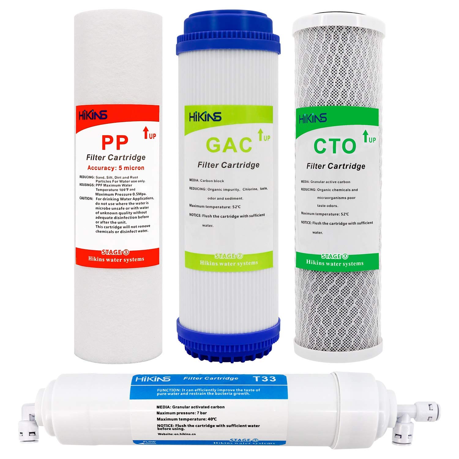 10 Zoll 5-Stufen Umkehrosmose Wasserfilter Ersatzset, 4-teilig Universal Filter Set PP, GAC, CTO, T33 für Küche unter Spüle RO-Anlage, Hochleistungsfilter gegen Chlor & Wasser Verunreinigungen