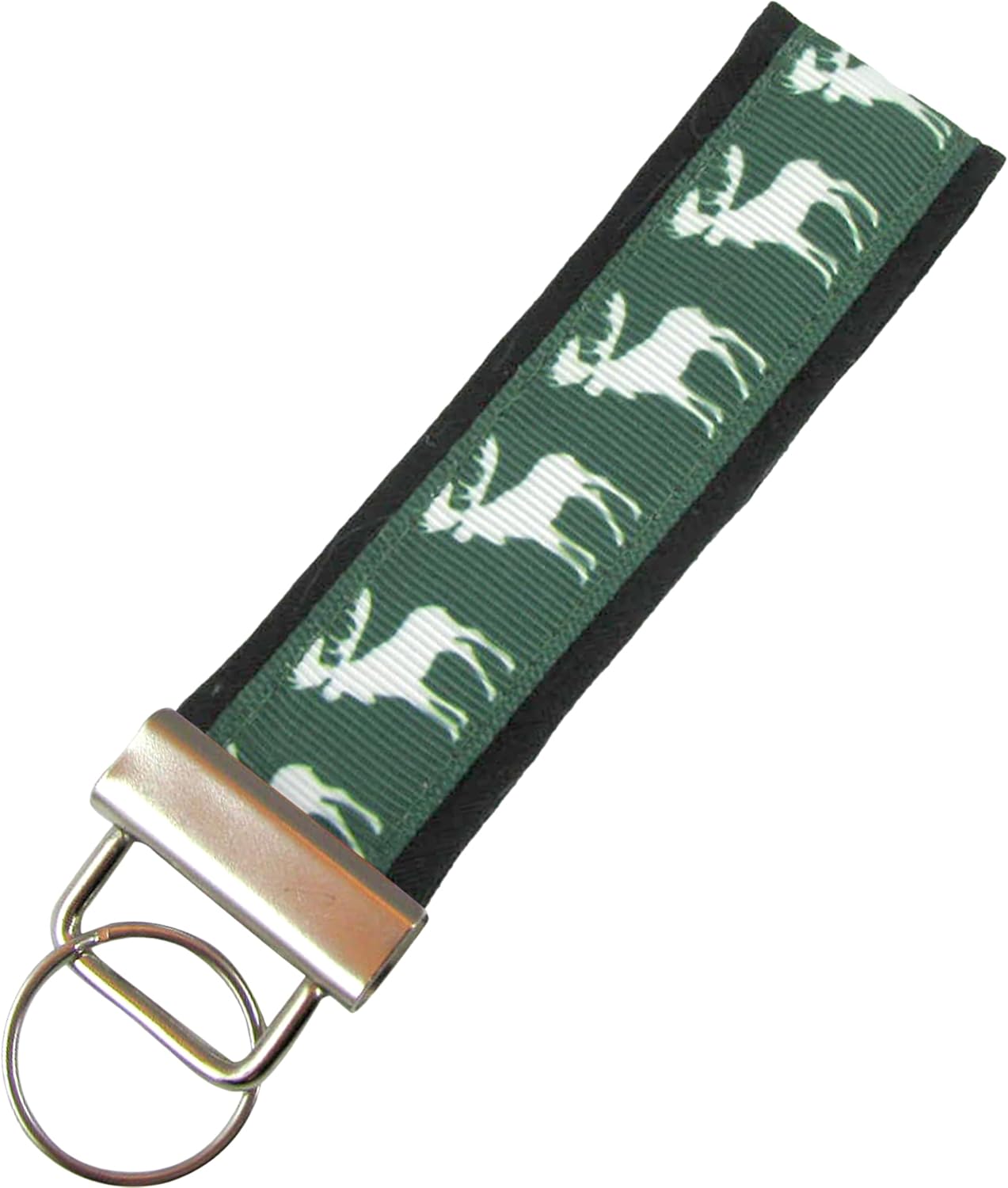 Moose Key Chain, Moose Key Fob, Moose Fabric Key Holder, Moose Keychain on Green on Black Background