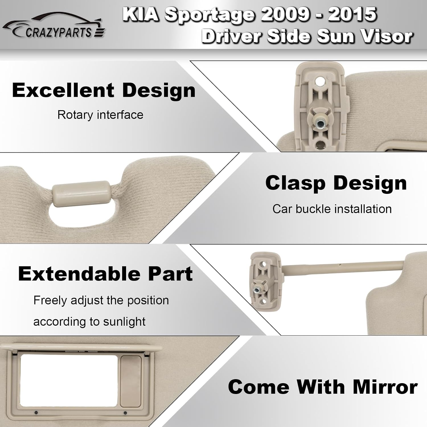 CRAZYPARTS Left Driver Side Sun Visor Replacement Compatible with KIA Sportage 2005-2010 Sun Shade Without Light Replacement 85202-1F090EZ Color Beige