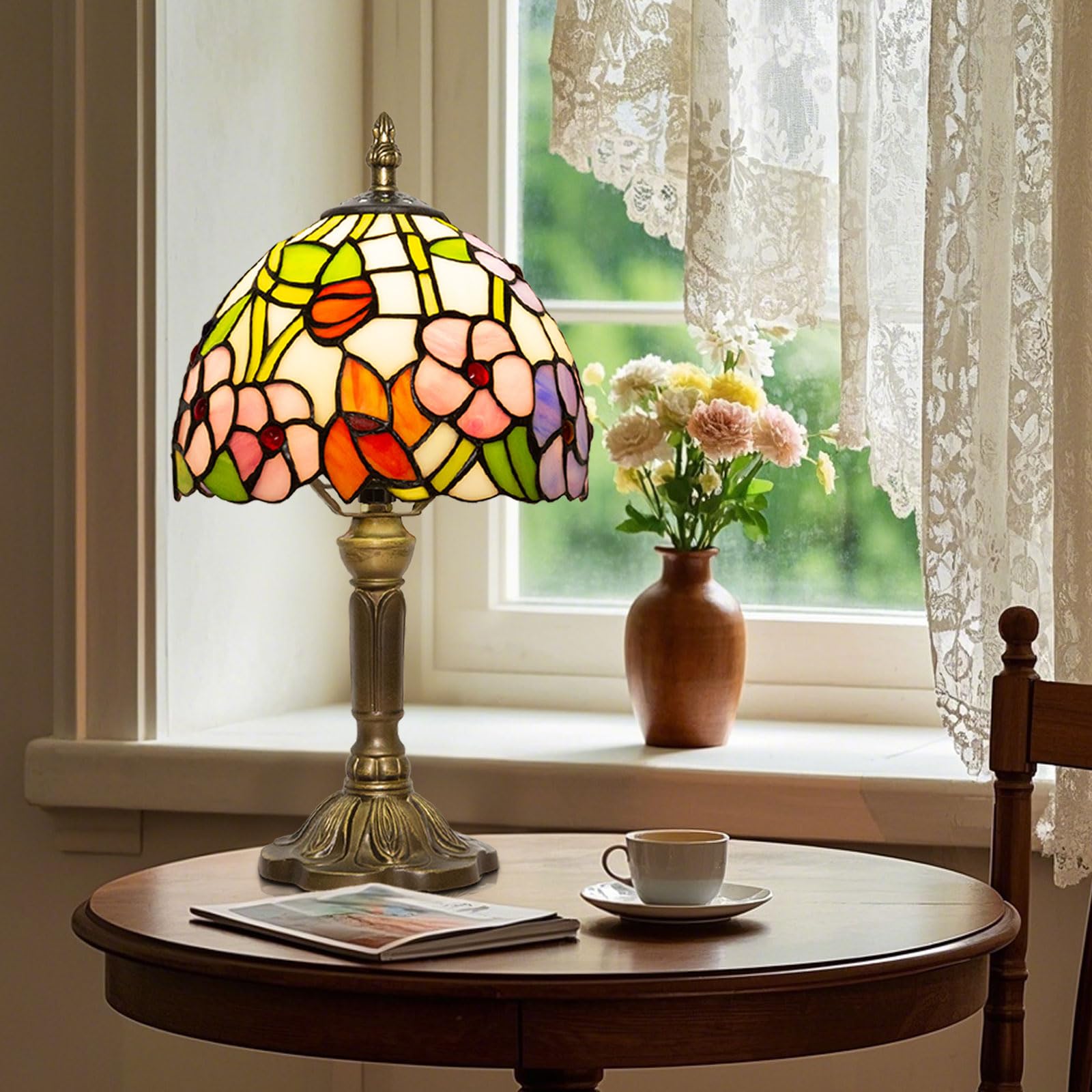 Tiffany Tischlampe,8 Zoll Retro Stained Glass Lamp Für Wohnzimmern,Lesezimmern,Schlafzimmern Und Arbeitszimmern Verwendet (Vierblättrige Blume)