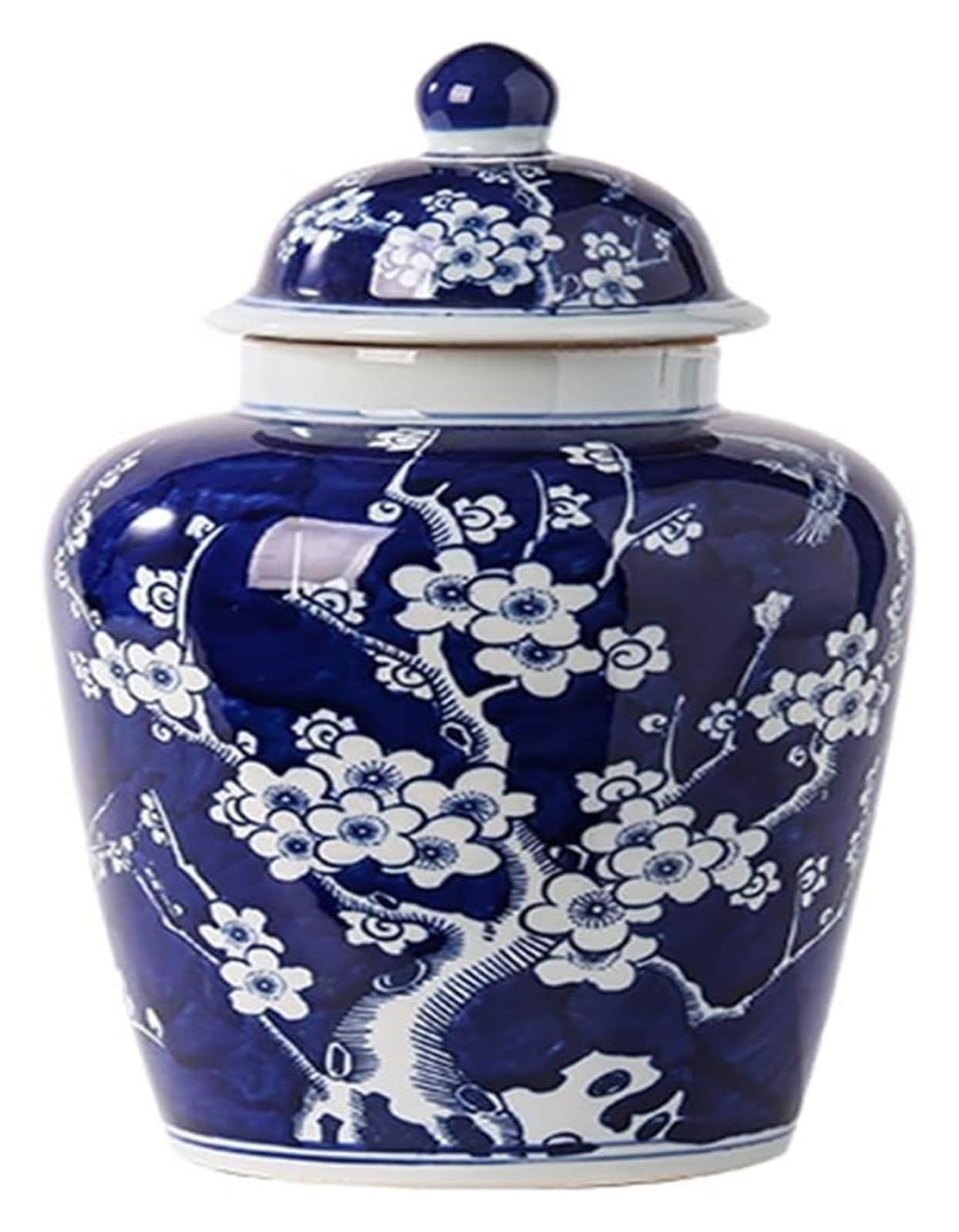 Vase Desktop Ceramic Ginger Jar with Lid Blue and White Porcelain Plum Blossom Temple Jars Centerpiece Containers Ornament Floral Arrangement(B)