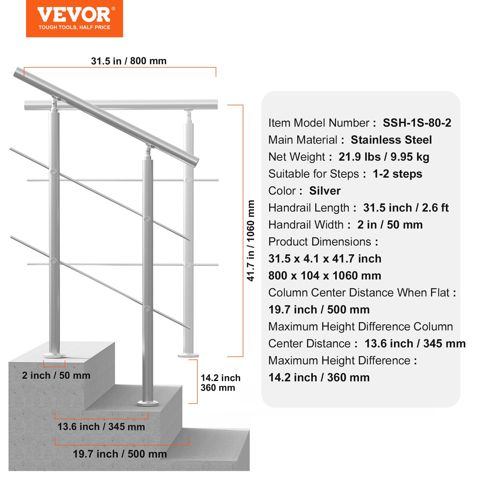 VEVOR Handläufe für Außentreppen 80 cm Edelstahl Treppenhandlauf-Set mit Montagesatz