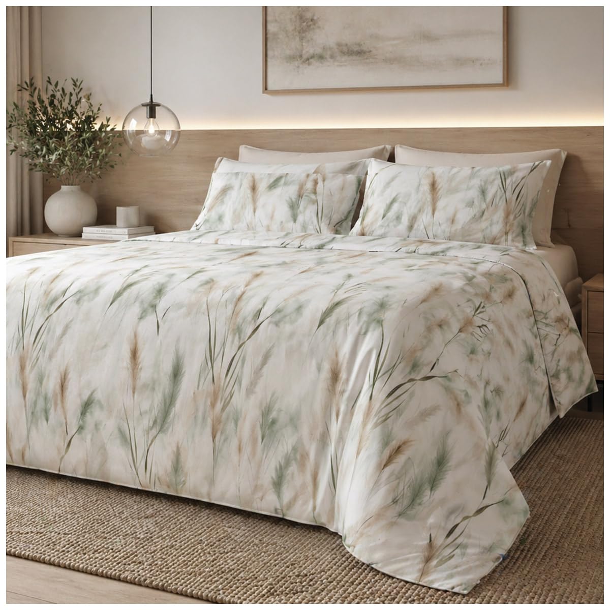 Corredo Italiano Completo Lenzuola Matrimoniale in Percalle di Cotone Effetto Copriletto Spighe Naturali – Lenzuolo Sopra 260x300 cm, Sotto con Angoli 180x200 cm e 2 Federe 50x80 cm – Made in Italy