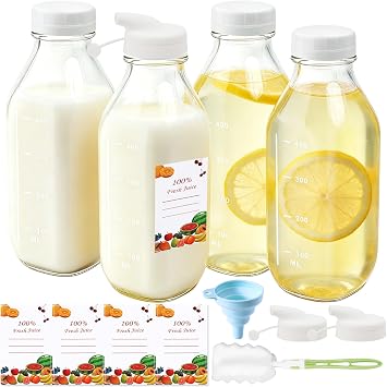 Mssushi 4 Pack Square Wide Mouth Glass Milk Bottle 500ml