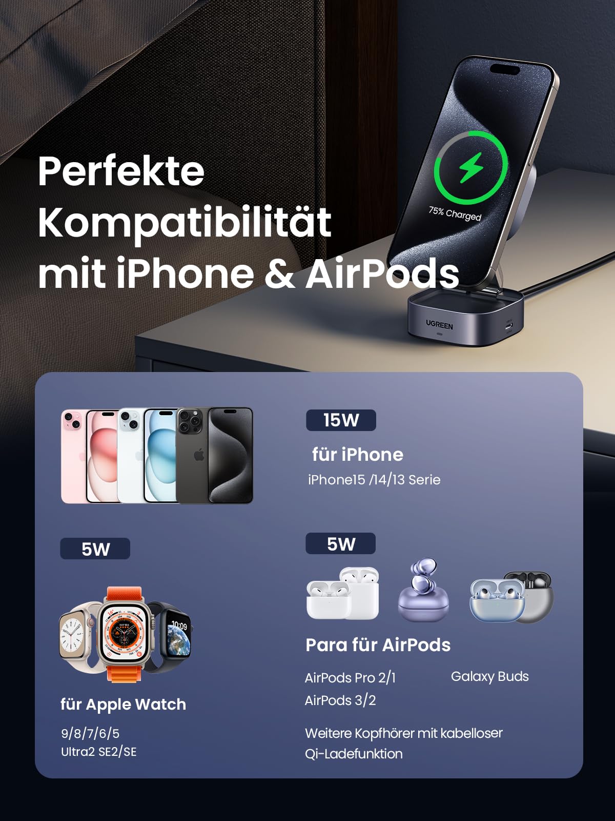 UGREEN MagFlow Qi2 15W 2-in-1 iPhone Faltbare Ladestation mit Magsafe | Wireless Charger, mit 1m Kabel, kompatibel mit iPhone 17/16/15/14/13/12, Airpods, Winkel-Einstellbarer Ladeständer