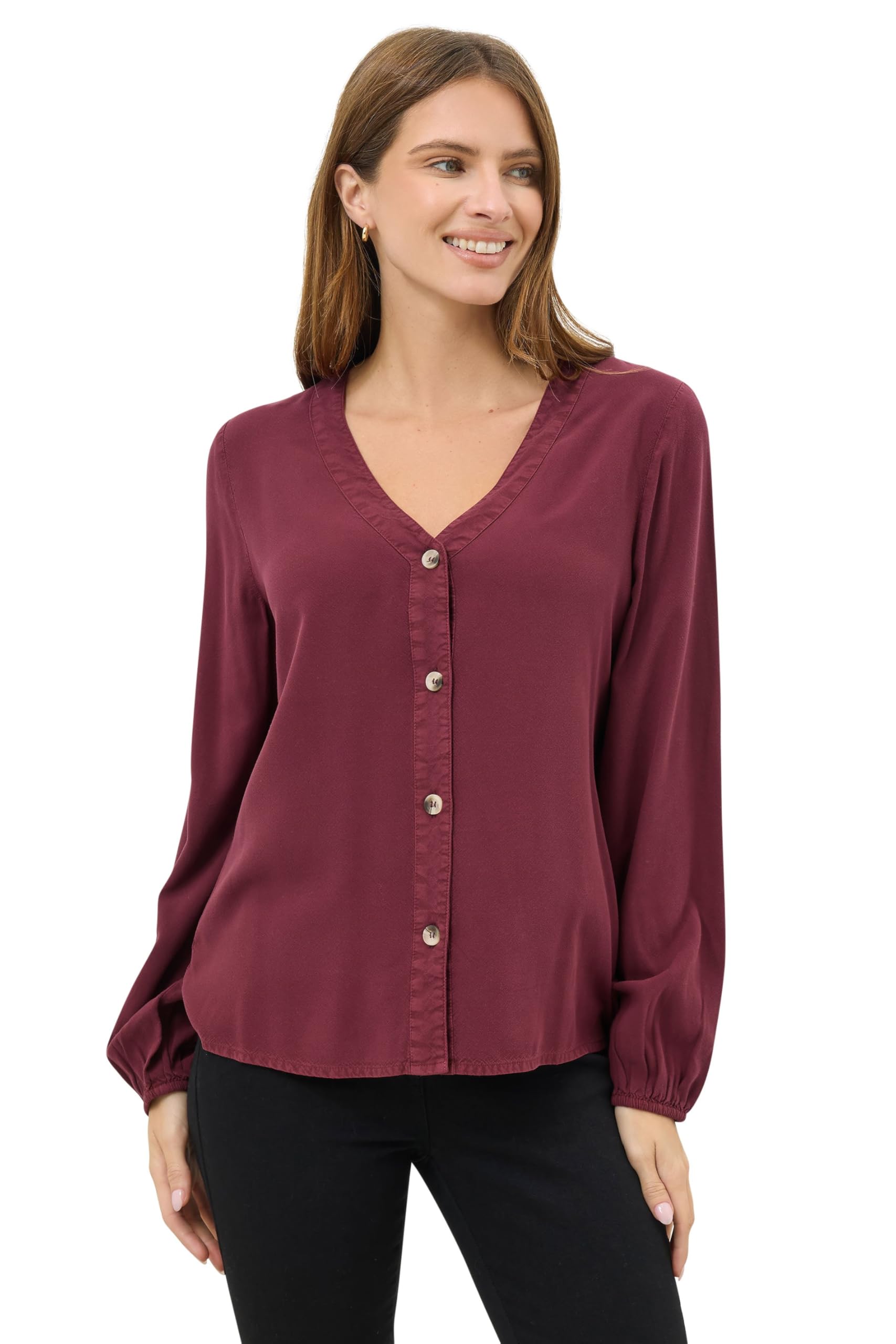 M&Co Berry Button Front Long Sleeve Blouse - Women's Red