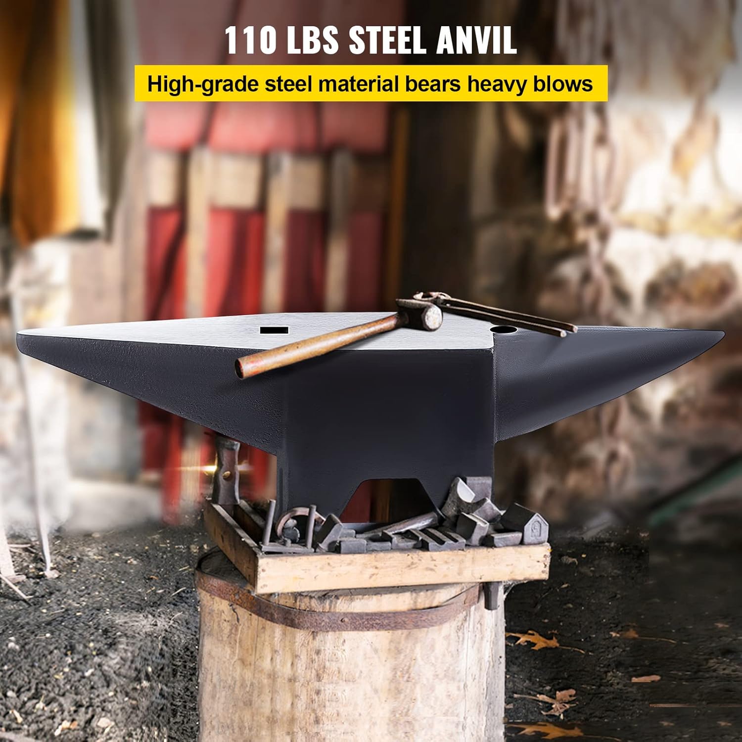 VEVOR Cast Steel Anvil, 105 Lbs Double-Horn Anvil with Large Countertop and Stable Base, High Hardness Rugged Round Horn Anvil Blacksmith, for Bending, Shaping