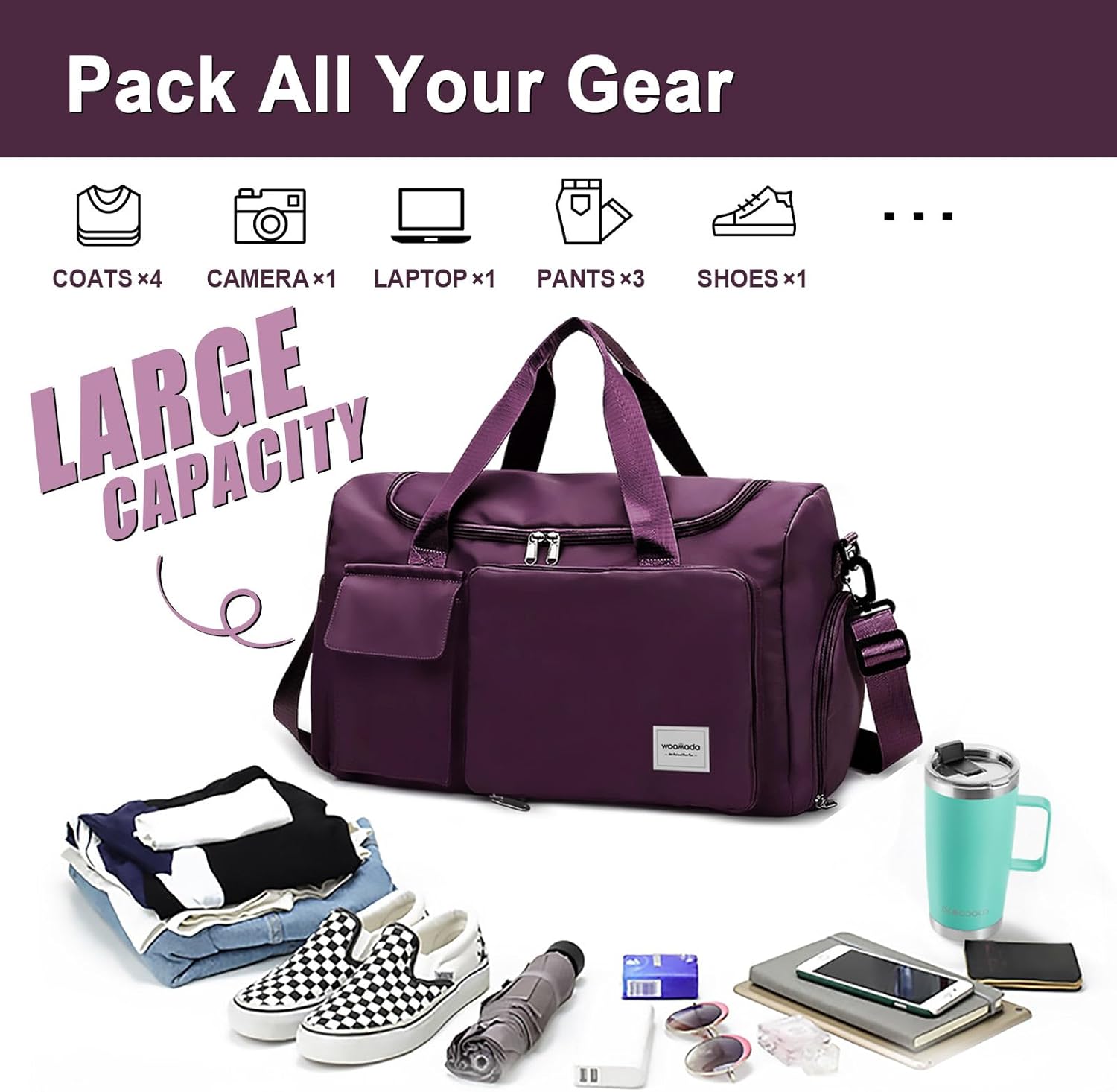 WOOMADA Foldable Travel Duffel Bag with Shoes Compartment, Overnight Bag with Wet Pocket & Trolley Sleeve, Weekender Bags for Women (purple) - Image 3
