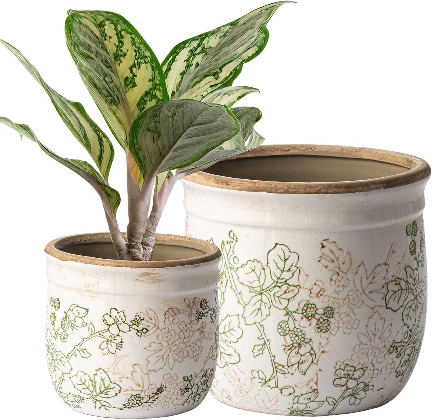 Set of 2 Ceramic Planters for Indoor Plants, 4.7+5.7 Inch Vintage Pots without Drainage Hole , Pastoral Rustic Planter Set, Decorative Ceramic Plant Pots for Flower, Indoor Planter Pots for Home Decor