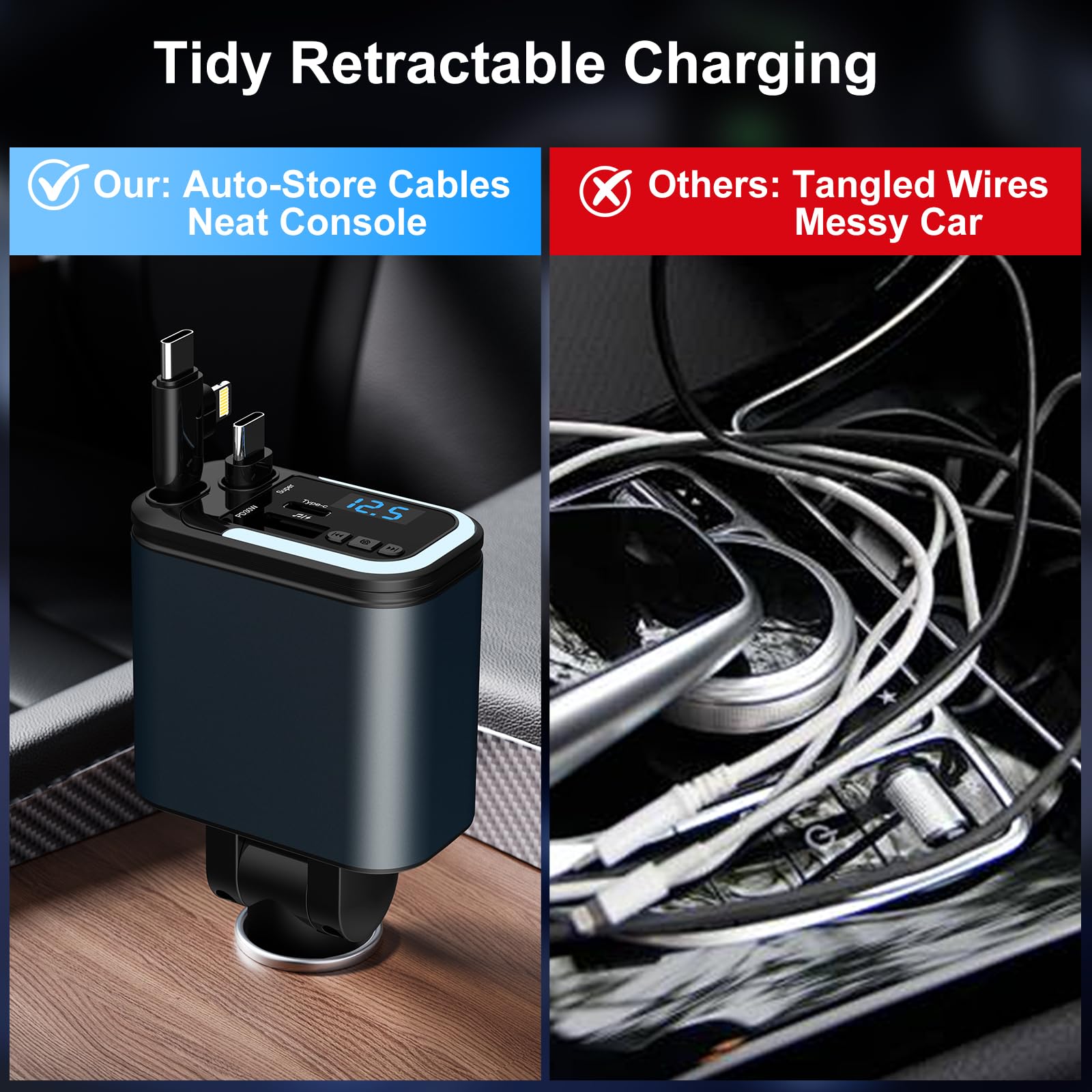 5-in-1 120W 30-Minutes Fast Flash Charging Retractable Car Charger, Wireless Bluetooth FM Transmitter, Type-C+USB-A Car Charger Adapter, Compatible with iPhone 17/16/15/14/13 Pro Max & Android Devices — view 6