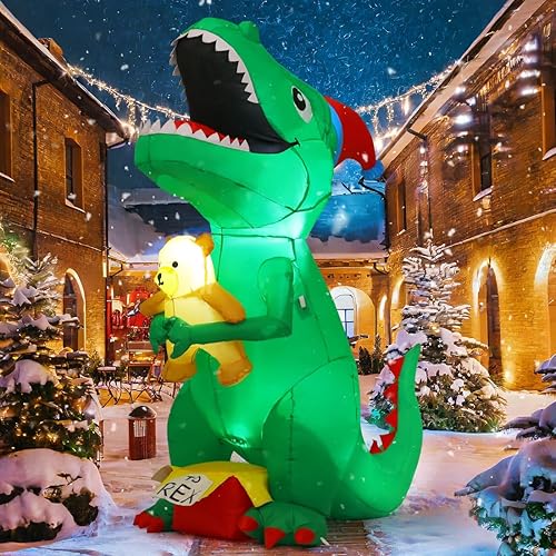 GOOSH Dinosaurios inflables de Navidad de 6.5 pies para decoración al aire libre, patio T Rex con sombrero de Navidad sosteniendo un oso con LED