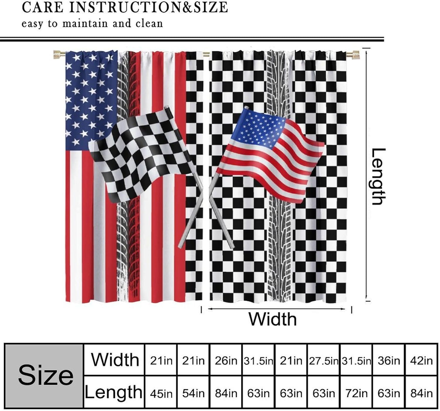Kids American Flag Curtains,Vintage Classic Black White Checkered Sports Racing Car USA Flag Blackout Window Treatments,for Boys Girls Living Room Bedroom Kitchen Cafe Farmhouse 42" W X 45" L
