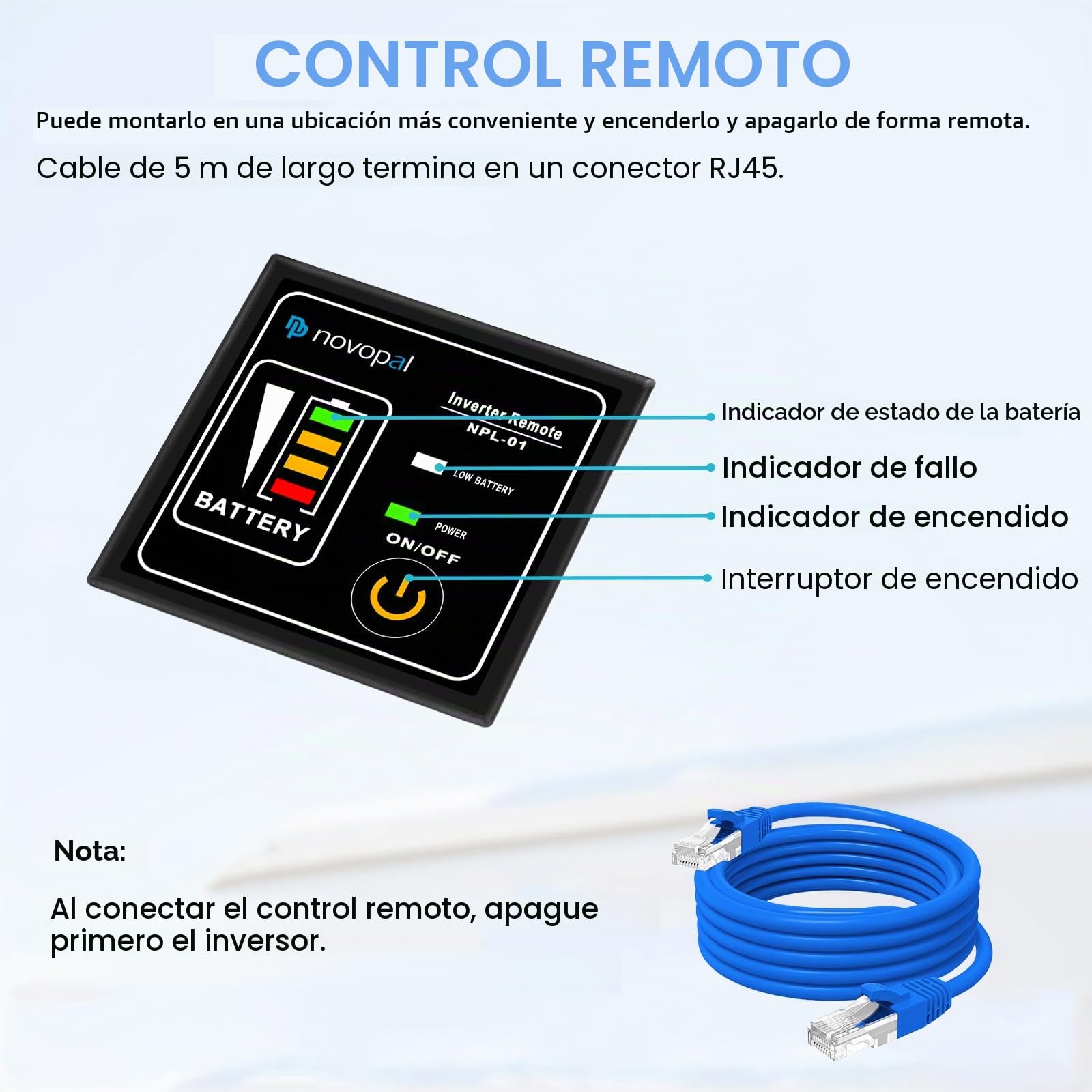 NOVOPAL Inversor 12v 220v Onda Pura 4000W/8000W Convertidor | 5M Mando a Distancia, USB+LCD Display para Coche, Caravana, Barco