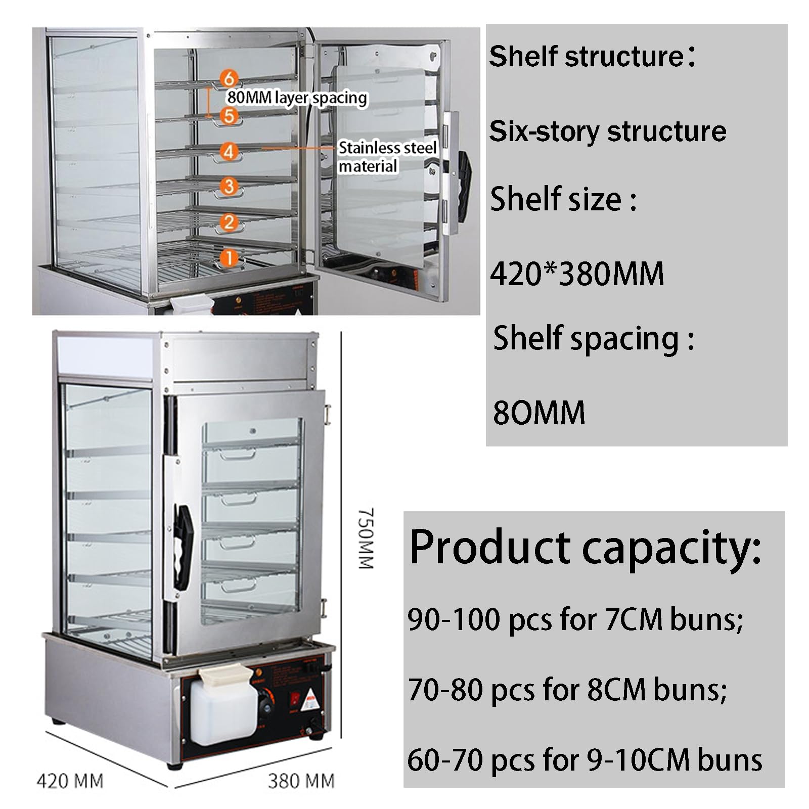 Calentador De Vitrina para Comida Caliente, Rango De Temperatura 30-110 ℃, Estantes: 295 X 295 Mm, Espacio Entre Estantes: 70 Mm, con Tubo Calefactor En Espiral, para Calefacción,A