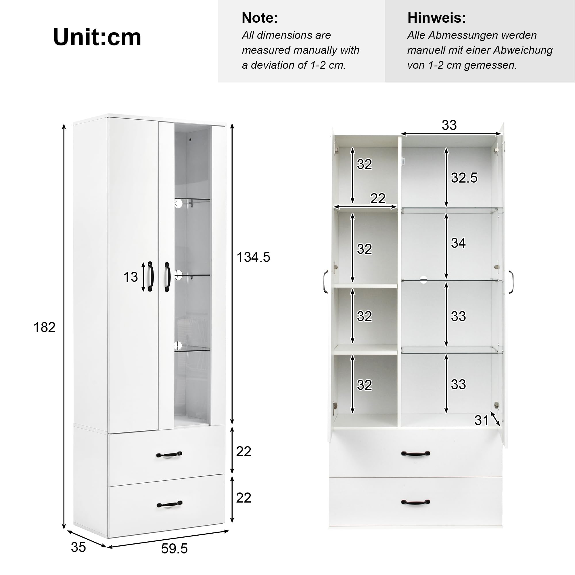 Vitrina iluminada por LED de 16 colores, 2 puertas, 2 cajones con puertas de cristal, vitrina de pie con LED blanca, para salón, pared de salón, vitrina LED, armario de buffet, estantería alta,