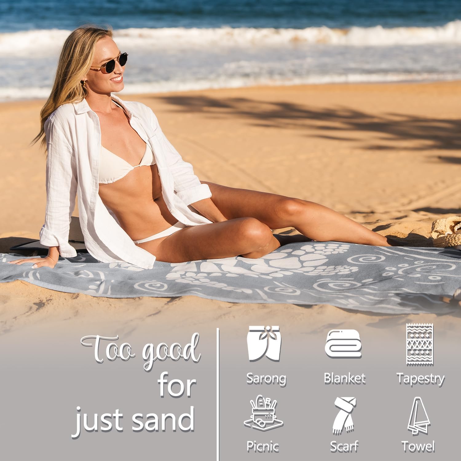 WEKAPO Turkish Beach Towel 39"x71" Oversized, 100% Cotton, Ultra Absorbent & Sand Resistant, Extra Large Beach Towel, Perfect for Beach, Bathroom, Pool, Travel (Grey Sea Turtle)