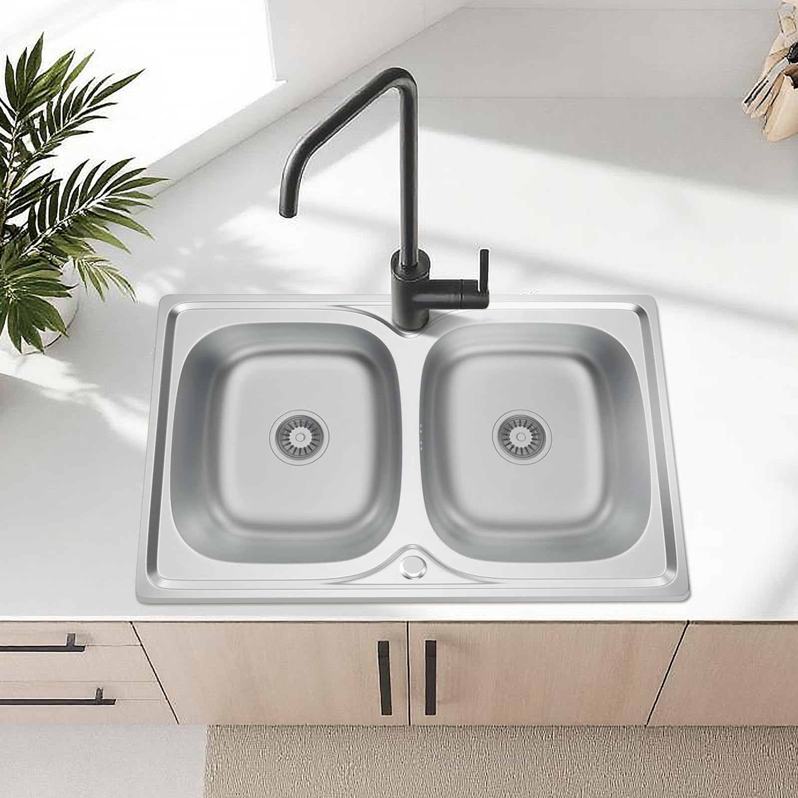 Lavello Cucina 1 Vasca con Set di Drenaggio, Lavabo Cucina con 2 Fori, Acciaio Inox (Acciaio inossidabile, 80 * 50)