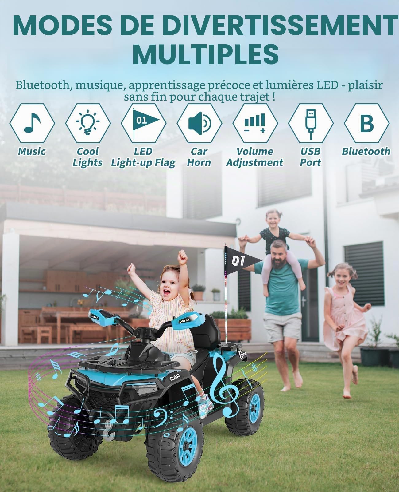 Voiture Électrique pour Enfants 12V, Quad Électrique Enfants, Batterie Rechargeable, LED Et Musique, Port USB, Connexion sans Fil, Vitesse 3km/h, 3-8 Ans, Bleu Turquoise