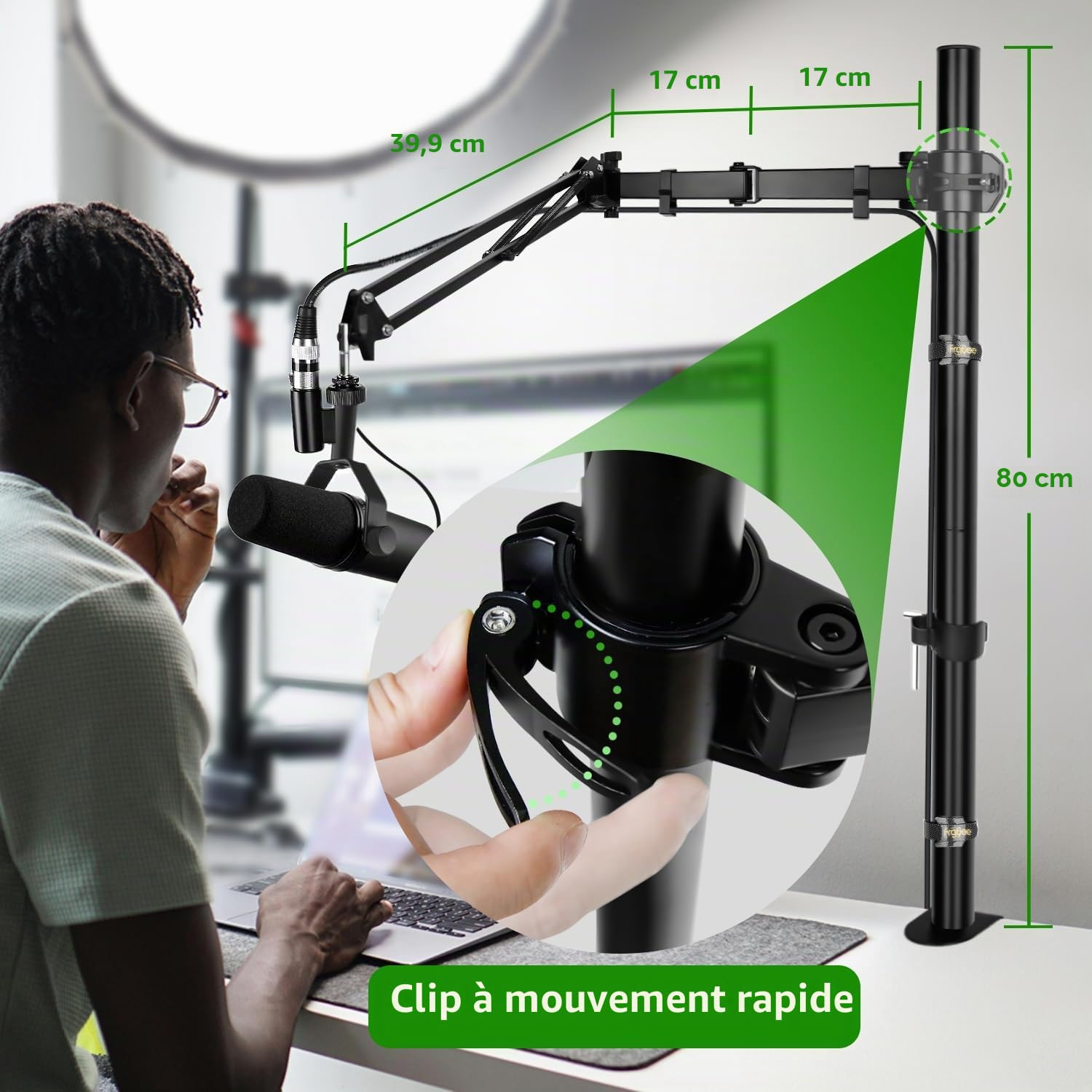 Bras Micro Réglable en Hauteur avec Barre D'extension Surélevée Support Microphone pour Shure SM7B, Blue Yeti, HyperX QuadCast S et Autres Microphones