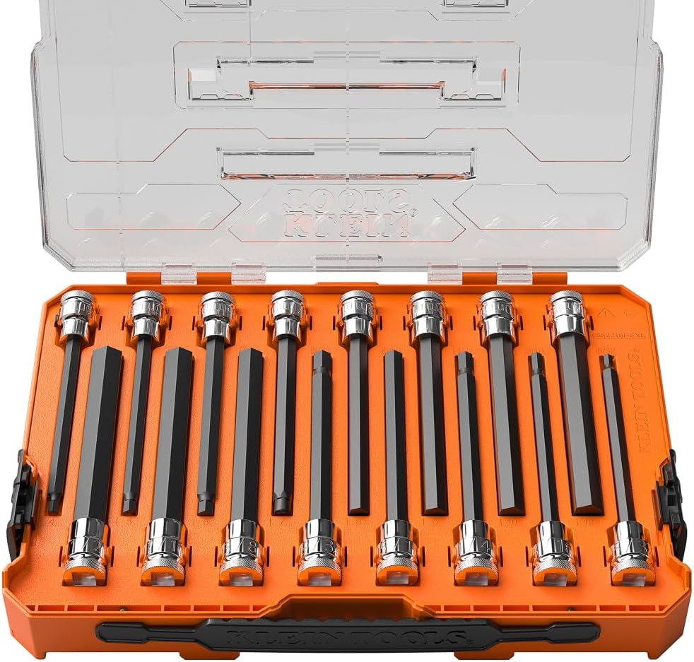 Klein Tools 652216HEXL Long Hex Bit Socket Set, 16-Piece, SAE and Metric Socket Set, Long Hex Bits, MODbox Case