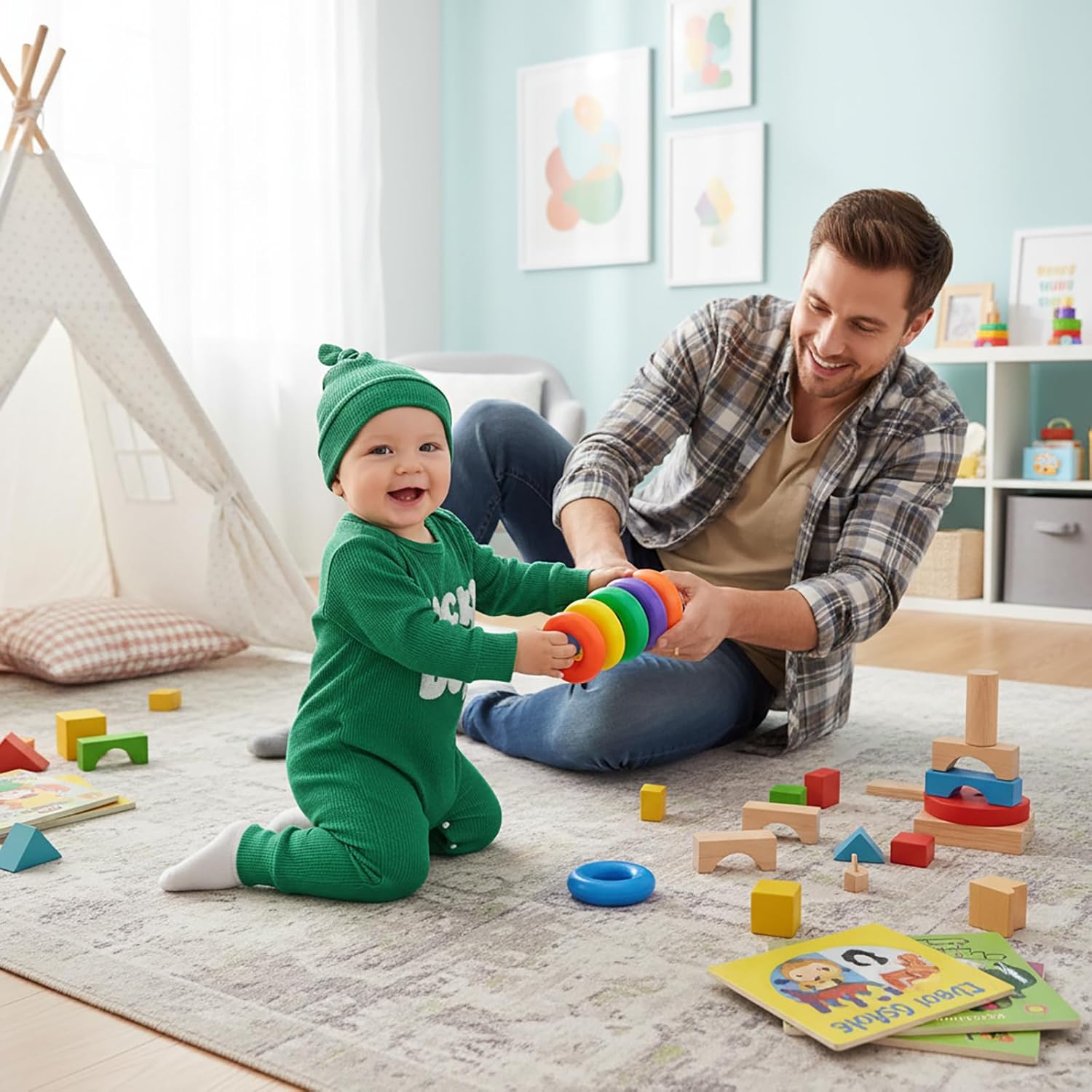 Newborn Baby Boy St Patricks Day Outfit Lucky Boy Clover Embroidered Romper Waffle Long Sleeve Jumpsuit with Hat Set - Image 5