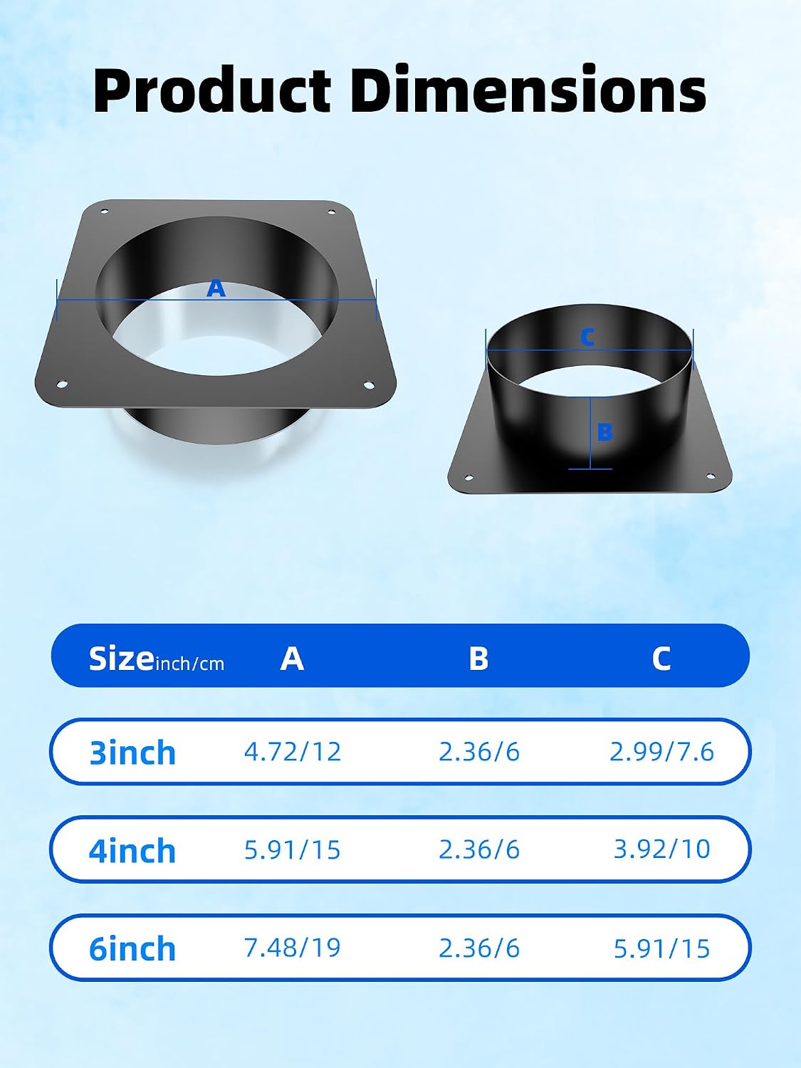 6 Inch Duct Connector Flange, Dryer Vent Connector Fittings, Metal Square to Round Straight Ducting Plate for Heating, Cooling and Ventilation Systems, Black