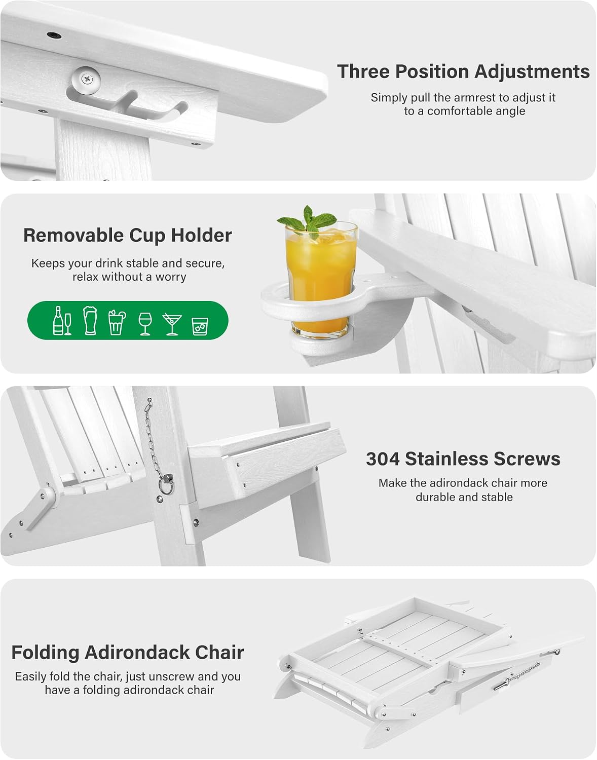 YEFU Adirondack Chair Set of 2 for Outdoor: Folding Plastic Composite Chair with Cup Holder for Patio - All-Weather Foldable Adjustable HDPE Fire Pit Adirondack Chairs - Easy Assembly