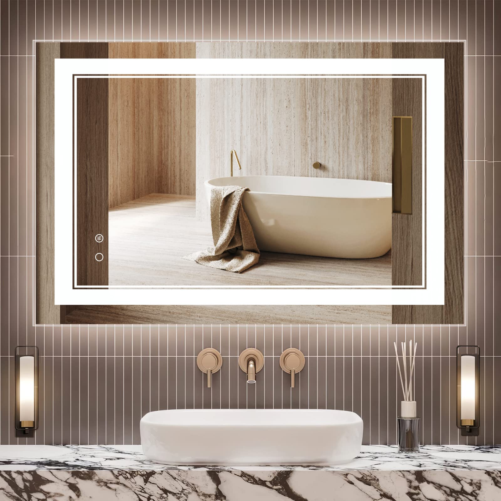Specchio Da Bagno LED 60x54cm Luci Dimmerabili Interruttore A Sfioramento Anti Appannamento Specchio Da Parete Rotondo