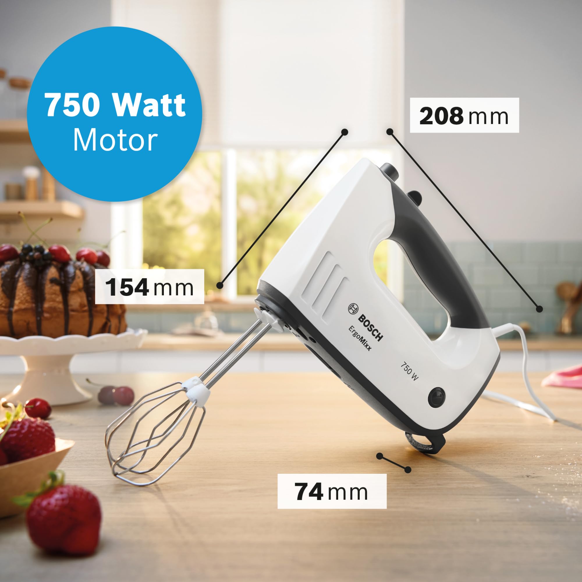 Bosch Handrührgerät, mit Pürierstab, Mixbecher, Edelstahl Rührer, Knethaken, spülmaschinenfest, 5 Stufen plus Turbotaste, weiß/grau, 750 W, ErgoMixx MFQ37470