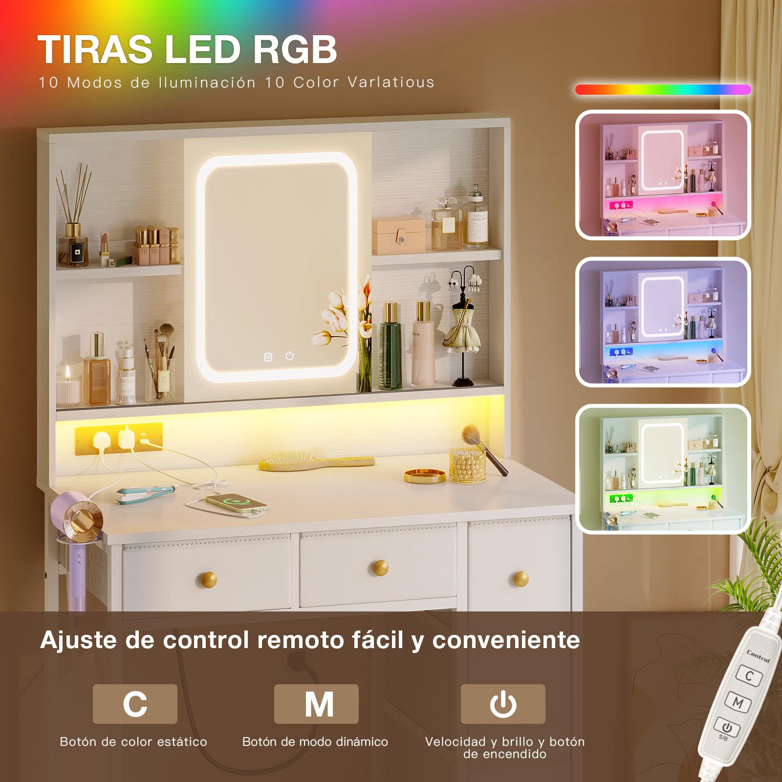 ODK Tocador con Espejo LED Ajustable, Enchufes USB Integrados y Tira de Luz RGB – Mesa de Tocador con 5 Cajones de Tela y Estantes de 3 Niveles – Tocador Blanco 90×40×139 cm