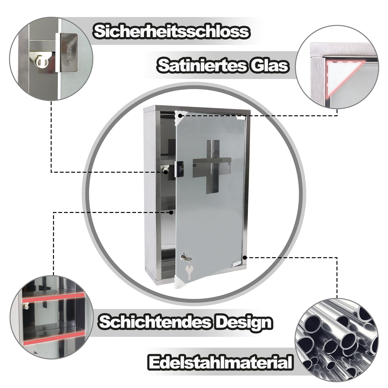LILIIN Armoire à pharmacie en acier inoxydable avec 3 compartiments avec porte en verre et 2 clés - Armoire de premiers secours - 30 x 12 x 50 cm