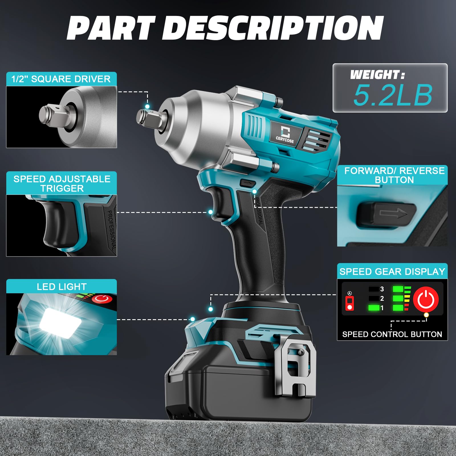 Avvitatore a percussione senza fili da 1/2" per batteria Makita da 18 V - Pistola avvitatore a percussione senza spazzole ad alta coppia con coppia di 120 m, luce da lavoro a LED, design ergonomico