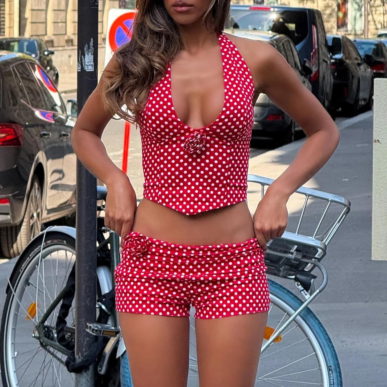 Mxiqqpltky Polka Dot Set for Women Vintage 3D Flower V Neck Sleeveless Crop Halter Tops and Fold Over Shorts Y2k Matching Set - Image 5