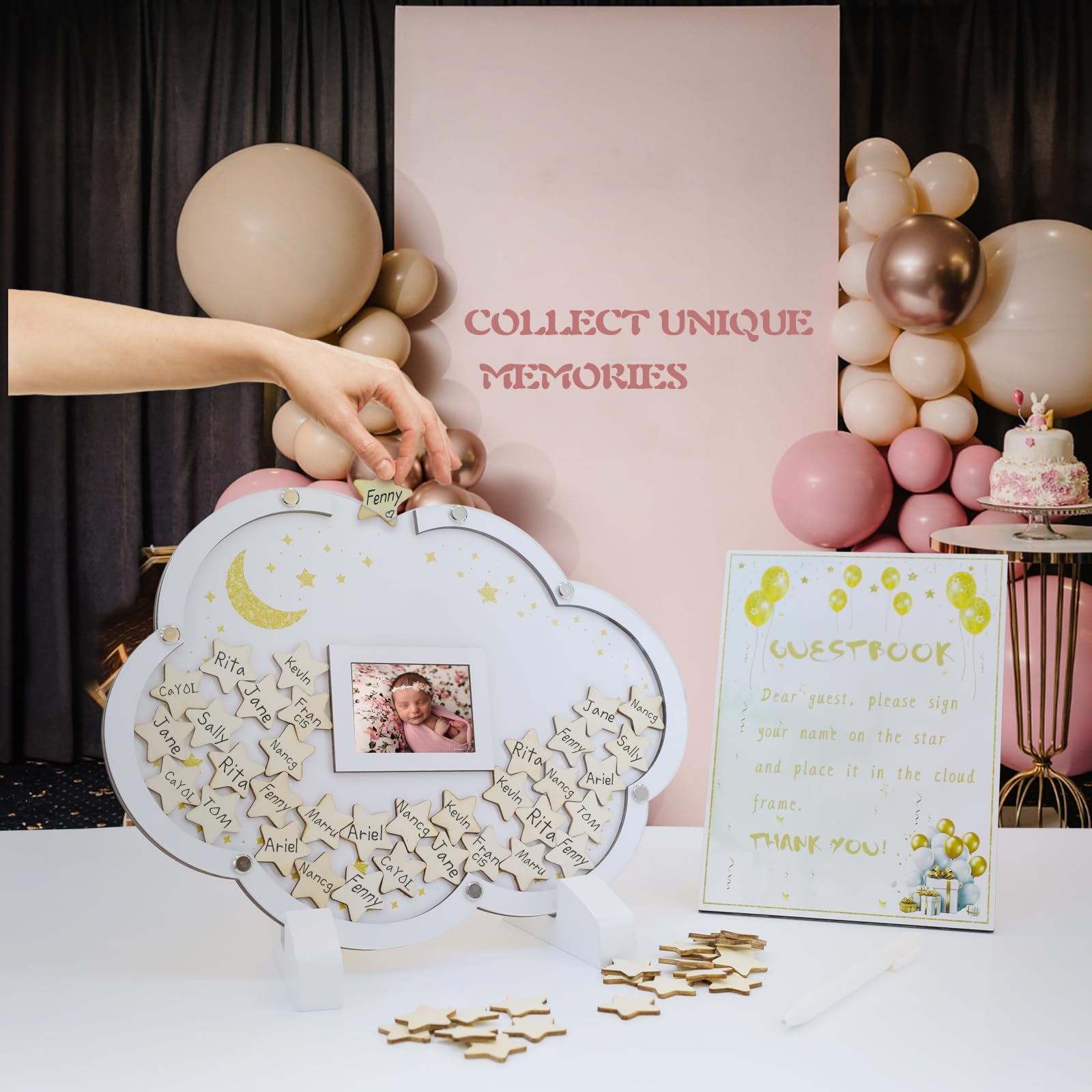 xiheer Alternativas de libro de invitados para baby shower, decoraciones de baby shower con 70 estrellas pequeñas, instrucciones de madera y bolígrafo, marco de fotos para alternativas de libro de