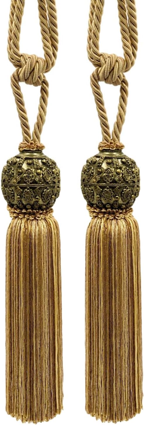 DÉCOPRO Raja Coll. Beautiful Curtain & Drapery Tassel Tieback with Ornamental Antique Head Tassel Length 10" 30" Spread # TBMTL10 Rustic Medley Red #RJ06 (Dark Red Brown Green Beige Gold) Set of 2