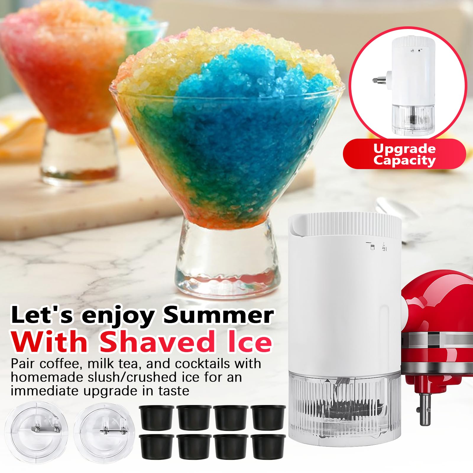 Accesorio para Hacer Hielo Raspado para Batidora Kitchen Aid, Accesorios para Batidora Pie Máquina de Granizados con 8 Moldes para Hielo, Accesorio para Hielo Raspado con Cuchillas Gruesas y Finas
