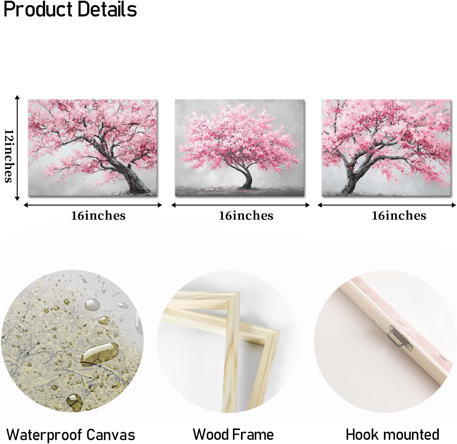 OuElegent Cherry Blossom Tree Canvas Wall Art Pink Floral Painting Pink Tree Wall Decor Set of 3 Panels, Nature Theme 12''x16''x3