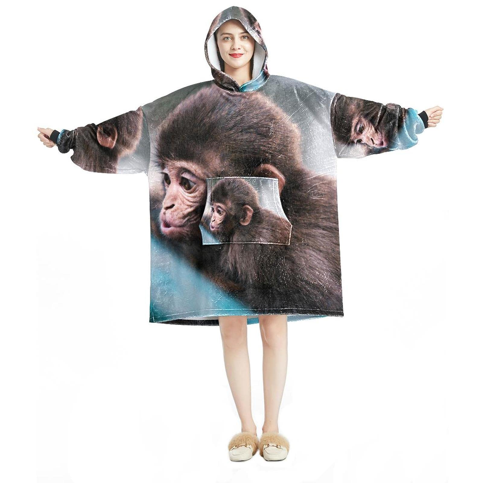 Eslifey Unisex Multicolor 09 Oversized Hoodie Blanket Sweatshirt, Sherpa Flannel Wearable Blanket Hoodies With Pocket For Adults Men Women, Monkey Animal