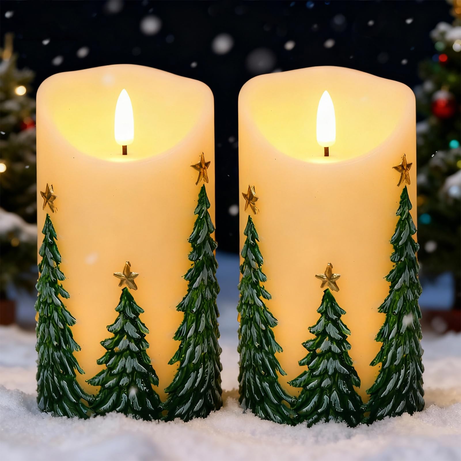 Candele a LED in rilievo per albero di Natale, con timer 6H, candele senza fiamma tremolante, pilastro ceroso, confezione da 2 pezzi, decorazione natalizia autunnale (7,6 x 14,5 cm)