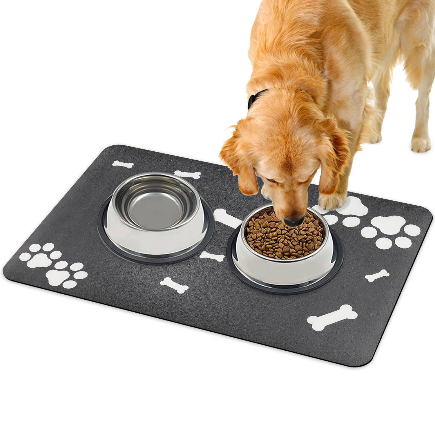 Lurowo Pet Feeding Mat Super Absorbent Dog Cat Food Mat with Rubber Non Slip Bottom Quick Dry Washable Dog Bowl Mat for Floors (Bone Paw Pattern-Dark Grey, 40 * 60cm) โ image 1
