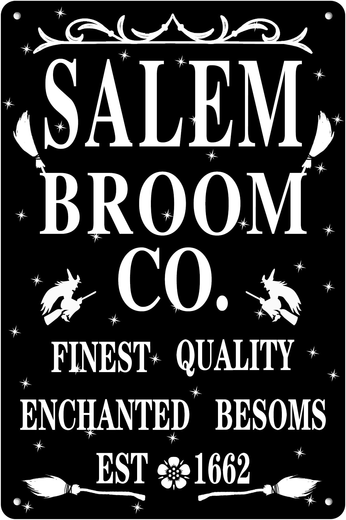 SMAZDFXX Salem Broom Co. Tin Sign Enchanted Besoms Holiday Decoration Funny Chic Halloween Metal Signs Artistic Decorations Halloween Accessories For Club And Supermarket 12"x16"
